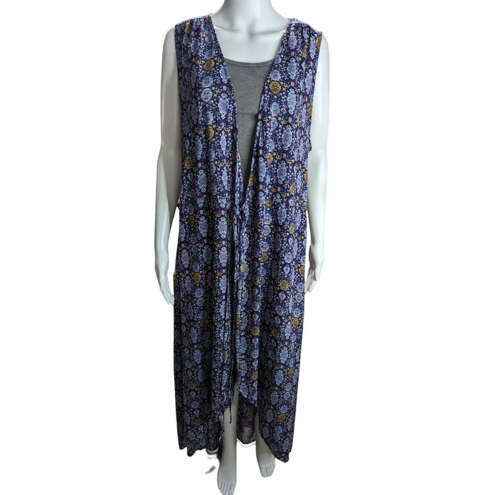 Allison Joy Blue Paisley Sleeveless Tie Front Duster Cardigan Hi-Low Hem Sz XL